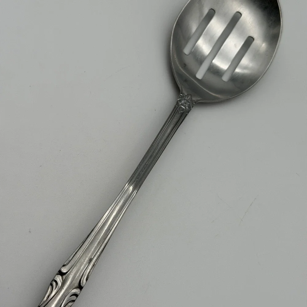 Stainless Steel Deluxe Slotted Serving Spoon Floral Rose Scroll Silverware